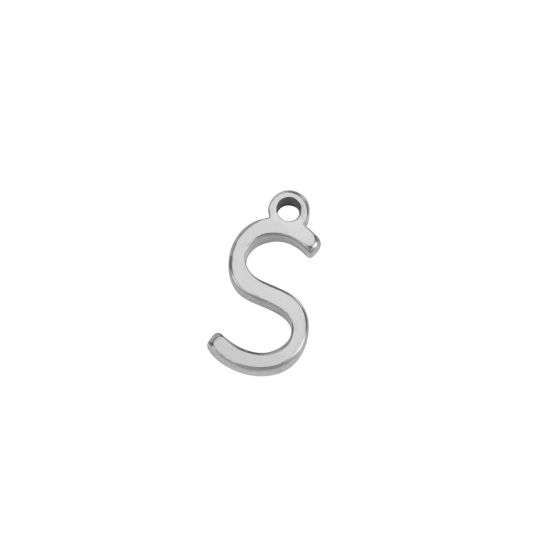 Picture of 1 Piece 304 Stainless Steel Mini Charms Silver Tone Initial Alphabet/ Capital Letter Message " S " 8mm x 4mm