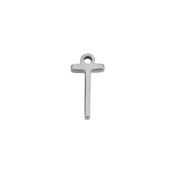 Picture of 1 Piece 304 Stainless Steel Mini Charms Silver Tone Initial Alphabet/ Capital Letter Message " T " 8mm x 4mm