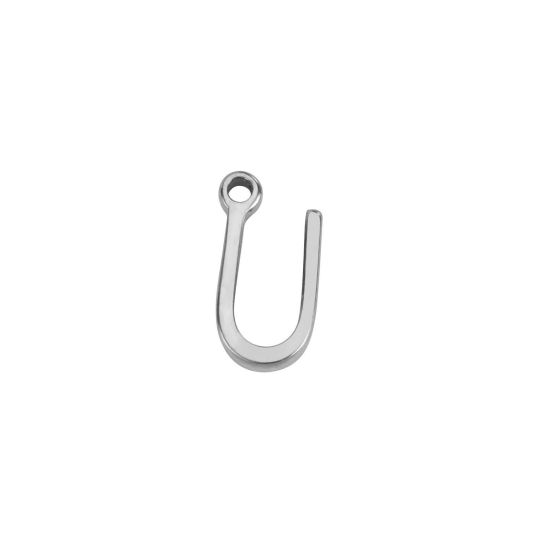 Picture of 1 Piece 304 Stainless Steel Mini Charms Silver Tone Initial Alphabet/ Capital Letter Message " U " 8mm x 4.5mm