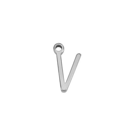 Picture of 1 Piece 304 Stainless Steel Mini Charms Silver Tone Initial Alphabet/ Capital Letter Message " V " 8mm x 5mm