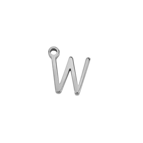 Picture of 1 Piece 304 Stainless Steel Mini Charms Silver Tone Initial Alphabet/ Capital Letter Message " W " 7mm x 7mm