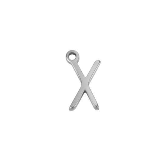 Picture of 1 Piece 304 Stainless Steel Mini Charms Silver Tone Initial Alphabet/ Capital Letter Message " X " 8mm x 5mm