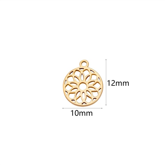 Immagine di 5 Pz 304 Acciaio Inossidabile Charms Tondo Oro Placcato Camelia Filigrana 10mm x 10mm