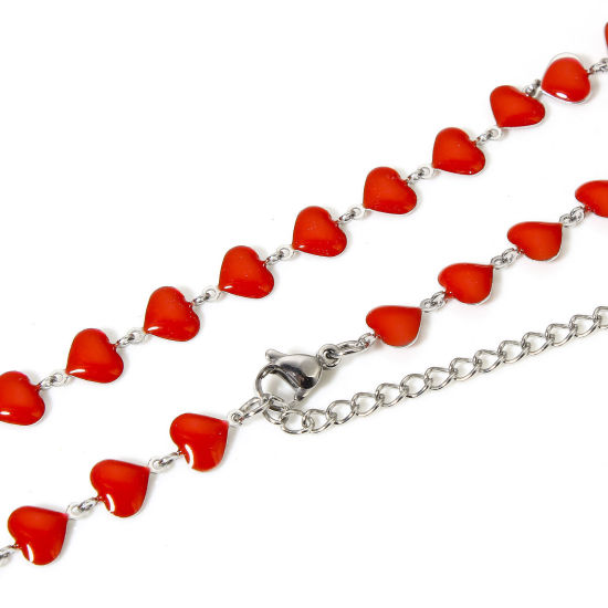 Picture of 1 Piece 304 Stainless Steel Valentine's Day Handmade Link Chain Necklace For DIY Jewelry Making Heart Silver Tone Red Double-sided Enamel 45cm(17 6/8") long, Chain Size: 7mm
