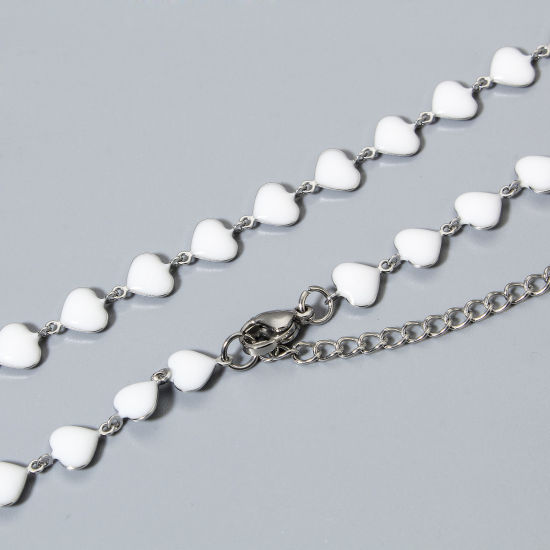 Picture of 1 Piece 304 Stainless Steel Valentine's Day Handmade Link Chain Necklace For DIY Jewelry Making Heart Silver Tone White Double-sided Enamel 45cm(17 6/8") long, Chain Size: 7mm