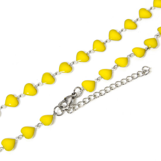 Picture of 1 Piece 304 Stainless Steel Valentine's Day Handmade Link Chain Necklace For DIY Jewelry Making Heart Silver Tone Yellow Double-sided Enamel 45cm(17 6/8") long, Chain Size: 7mm