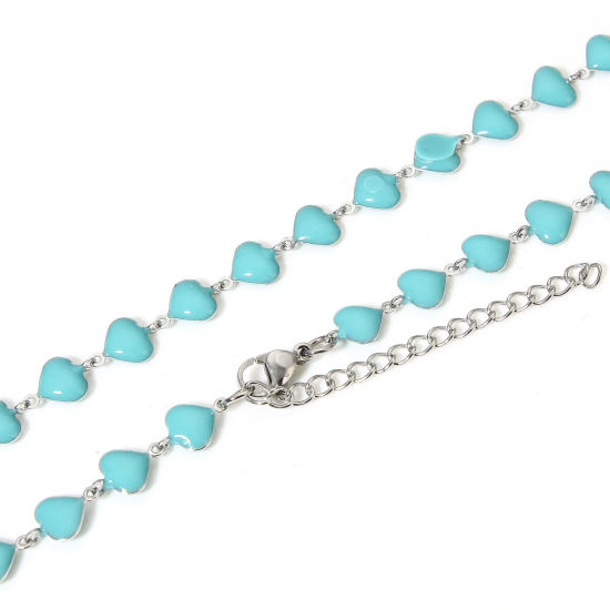 Picture of 1 Piece 304 Stainless Steel Valentine's Day Handmade Link Chain Necklace For DIY Jewelry Making Heart Silver Tone Green Blue Double-sided Enamel 45cm(17 6/8") long, Chain Size: 7mm