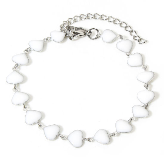 Picture of 1 Piece 304 Stainless Steel Valentine's Day Handmade Link Chain Bracelets Silver Tone White Heart Double-sided Enamel 17cm(6 6/8") long, 7mm Dia.