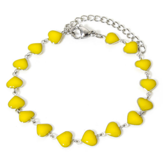 Picture of 1 Piece 304 Stainless Steel Valentine's Day Handmade Link Chain Bracelets Silver Tone Yellow Heart Double-sided Enamel 17cm(6 6/8") long, 7mm Dia.