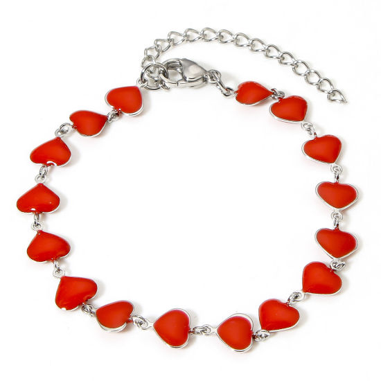 Picture of 1 Piece 304 Stainless Steel Valentine's Day Handmade Link Chain Bracelets Silver Tone Red Heart Double-sided Enamel 17cm(6 6/8") long, 7mm Dia.