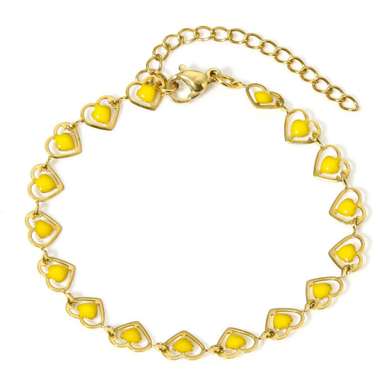 Picture of 1 Piece 304 Stainless Steel Handmade Link Chain Bracelets 18K Gold Color Yellow Heart Double-sided Enamel 17cm(6 6/8") long