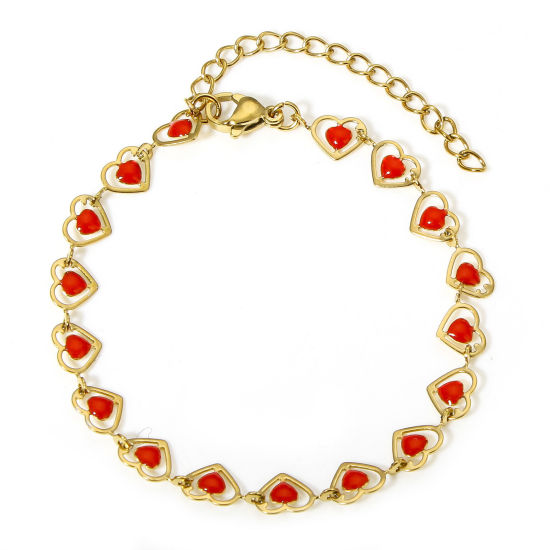 Picture of 1 Piece 304 Stainless Steel Handmade Link Chain Bracelets 18K Gold Color Red Heart Double-sided Enamel 17cm(6 6/8") long