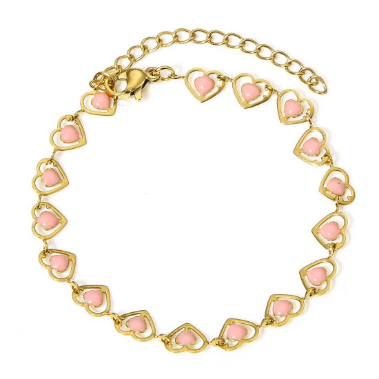 Picture of 1 Piece 304 Stainless Steel Handmade Link Chain Bracelets 18K Gold Color Pink Heart Double-sided Enamel 17cm(6 6/8") long