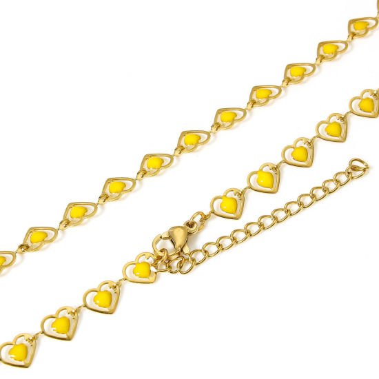 Picture of 1 Piece 304 Stainless Steel Handmade Link Chain Necklace For DIY Jewelry Making Heart 18K Gold Color Yellow Double-sided Enamel 45cm(17 6/8") long, Chain Size: 6mm