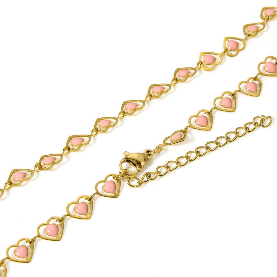 Picture of 1 Piece 304 Stainless Steel Handmade Link Chain Necklace For DIY Jewelry Making Heart 18K Gold Plated Pink Double-sided Enamel 45cm(17 6/8") long, Chain Size: 6mm