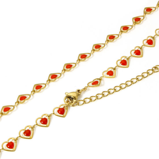 Picture of 1 Piece 304 Stainless Steel Handmade Link Chain Necklace For DIY Jewelry Making Heart 18K Gold Color Red Double-sided Enamel 45cm(17 6/8") long, Chain Size: 6mm