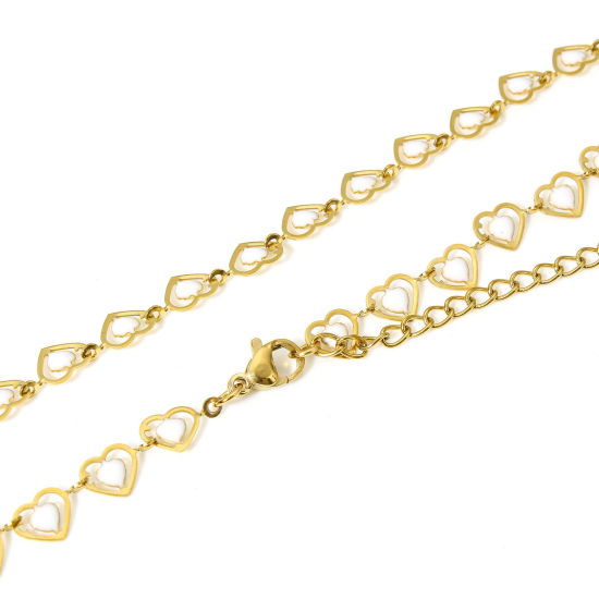 Picture of 1 Piece 304 Stainless Steel Handmade Link Chain Necklace For DIY Jewelry Making Heart 18K Gold Color White Double-sided Enamel 45cm(17 6/8") long, Chain Size: 6mm