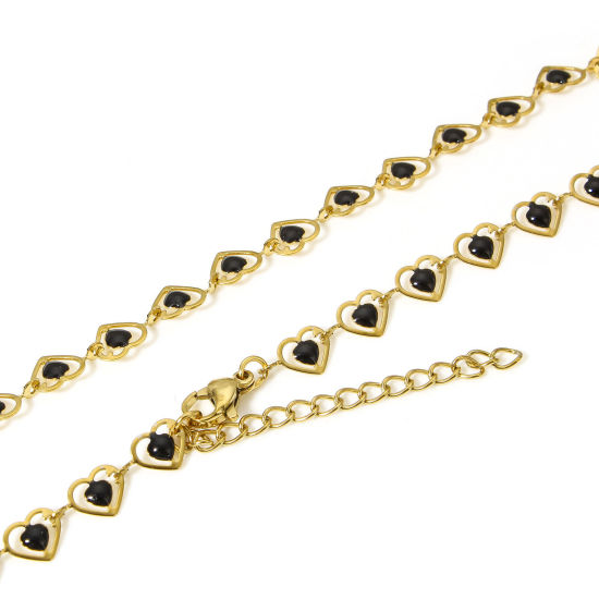 Picture of 1 Piece 304 Stainless Steel Handmade Link Chain Necklace For DIY Jewelry Making Heart 18K Gold Color Black Double-sided Enamel 45cm(17 6/8") long, Chain Size: 6mm