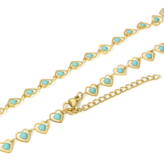 Picture of 1 Piece 304 Stainless Steel Handmade Link Chain Necklace For DIY Jewelry Making Heart 18K Gold Color Green Blue Double-sided Enamel 45cm(17 6/8") long, Chain Size: 6mm