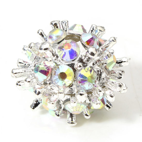 Bild von 2 Stück Zinklegierung Zwischenperlen Spacer Perlen für die Herstellung von DIY-Charme-Schmuck Silberfarbe Rund Weiß Strass ca. 21mm x 15mm, Loch:ca. 2.5mm