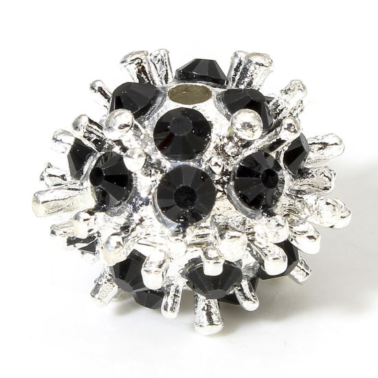 Image de 2 Pcs Perles pour DIY Fabrication de Bijoux de Charme en Alliage de Zinc Argent Mat Balle à Strass Noir 21mm x 15mm, Trou: env. 2.5mm