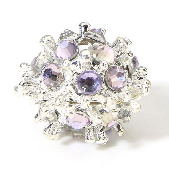 Picture of 2 PCs Zinc Based Alloy Spacer Beads For DIY Charm Jewelry Making Silver Tone Ball Mauve Rhinestone About 21mm x 15mm, Hole: Approx 2.5mm