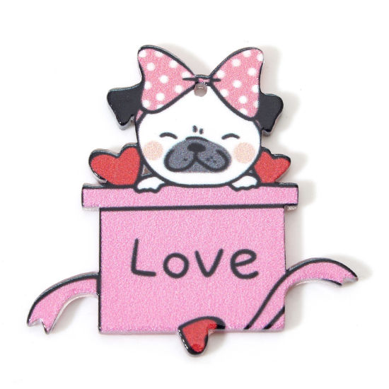 Изображение 10 ШТ Акриловые День святого Валентина Подвески Собака Подарочная коробка Розовый Сообщение " LOVE " 4.2см x 4.2см