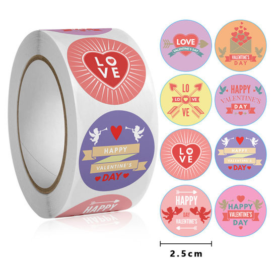 Picture of 1 Roll ( 500 PCs/Packet) Art Paper Valentine's Day DIY Scrapbook Deco Stickers Multicolor Round 25mm Dia.