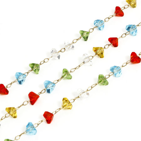 Picture of 1 M (Approx 3.28 Foot) Brass & Glass Link Cable Chain Findings Silver Tone Multicolor Irregular 6mm