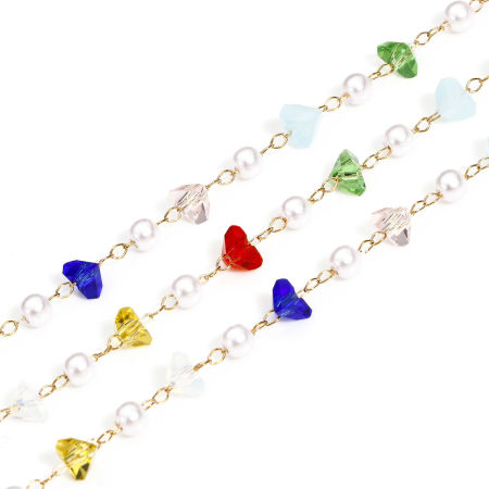 Picture of 1 M (Approx 3.28 Foot) Brass & Glass Link Cable Chain Findings Silver Tone Multicolor Irregular Imitation Pearl 6mm