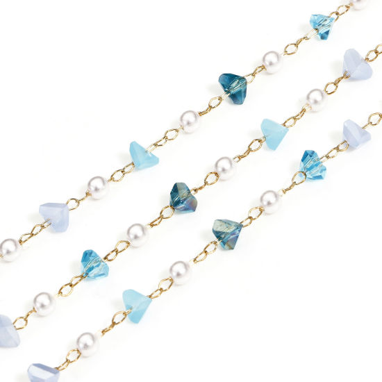 Image de 1 M Chaîne Maille Forçat en Cuivre+Verre Argent Mat Bleu Irrégulier Imitation Perles 6mm