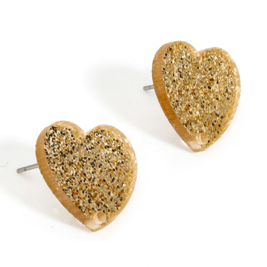 Picture of 10 PCs Acrylic Valentine's Day Ear Post Stud Earring With Loop Connector Accessories Findings Heart Champagne Glitter 18mm x 16mm, Post/ Wire Size: (21 gauge)