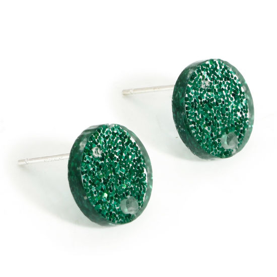 Picture of 10 PCs Acrylic Valentine's Day Ear Post Stud Earring With Loop Connector Accessories Findings Round Green Glitter 12mm Dia., Post/ Wire Size: (21 gauge)