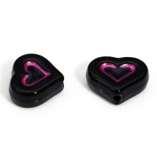 Picture of 50 PCs Acrylic Retro Beads For DIY Charm Jewelry Making Black Heart Corrosion About 15mm x 12.5mm, Hole: Approx 1.8mm