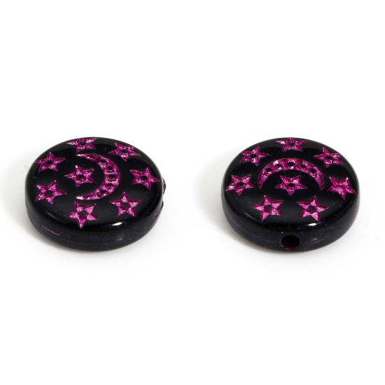 Picture of 50 PCs Acrylic Retro Beads For DIY Charm Jewelry Making Black Flat Round Star Corrosion About 13mm Dia., Hole: Approx 1.5mm