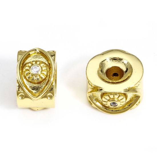 Bild von 1 Stück Messing Perlen für die DIY-Schmuckherstellung 18K Echtgold plattiert Zylinder Auge Klar Zirkonia Etwa 11mm x 7mm, Loch: Ca 3mm