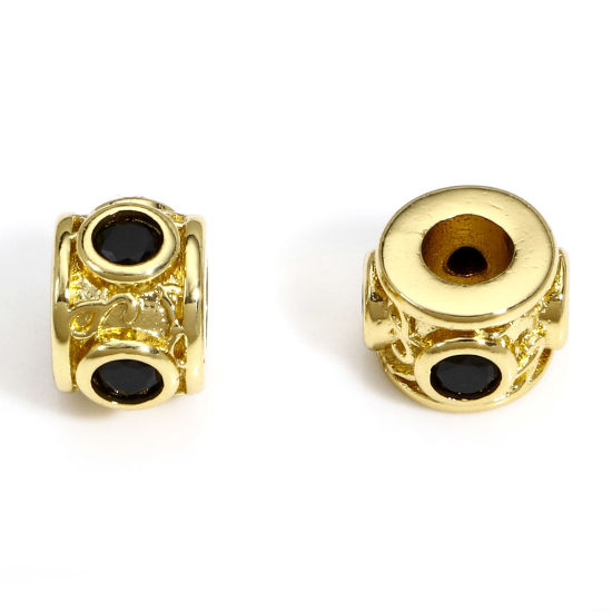 Bild von 1 Stück Messing Perlen für die DIY-Schmuckherstellung 18K Echtgold plattiert Zylinder Schwarz Zirkonia Etwa 9mm x 6mm, Loch: Ca 3,5mm