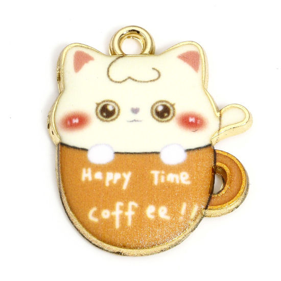 Picture of 10 PCs Zinc Based Alloy Charms Gold Plated Yellow Cup Cat Enamel 23mm x 19mm