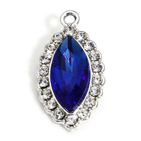 Picture of 10 PCs Zinc Based Alloy Charms Silver Tone Royal Blue Marquise With Glass Cabochons Clear Rhinestone 25mm x 13mm