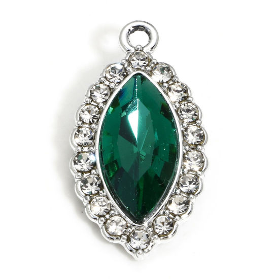 Picture of 10 PCs Zinc Based Alloy Charms Silver Tone Green Marquise With Glass Cabochons Clear Rhinestone 25mm x 13mm