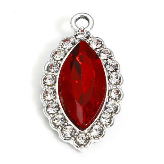 Picture of 10 PCs Zinc Based Alloy Charms Silver Tone Red Marquise With Glass Cabochons Clear Rhinestone 25mm x 13mm