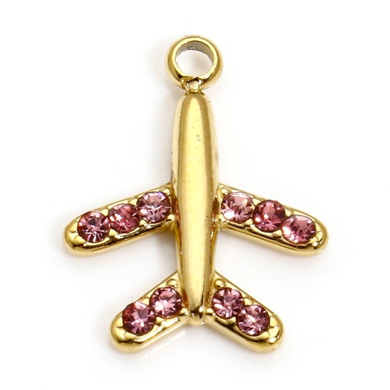 Immagine di 1 Pz Placcatura Sottovuoto 304 Acciaio Inossidabile Squisito Ciondoli Aeroplano Oro Placcato Roso Strass 14mm x 11mm