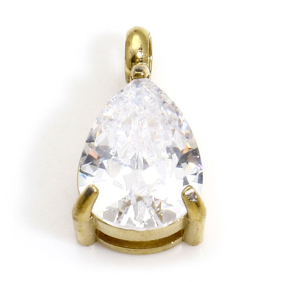 Immagine di 1 Pz Placcatura Sottovuoto 304 Acciaio Inossidabile Squisito Ciondoli Goccia Oro Placcato Trasparente Strass 11.5mm x 6.5mm