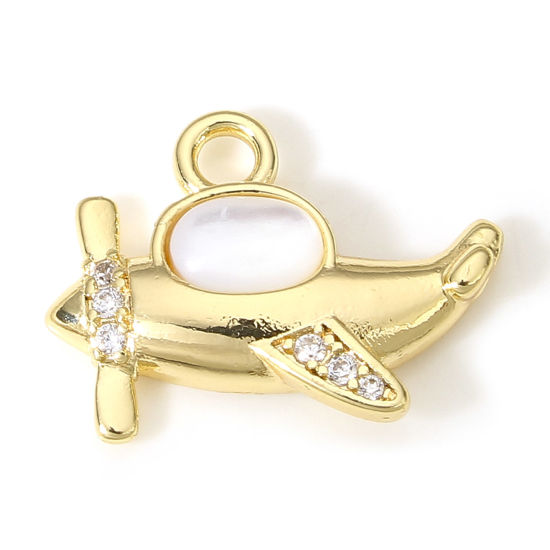 Picture of 1 Piece Shell & Brass Travel Charms 18K Real Gold Plated Airplane Micro Pave Clear Cubic Zirconia 17mm x 13mm