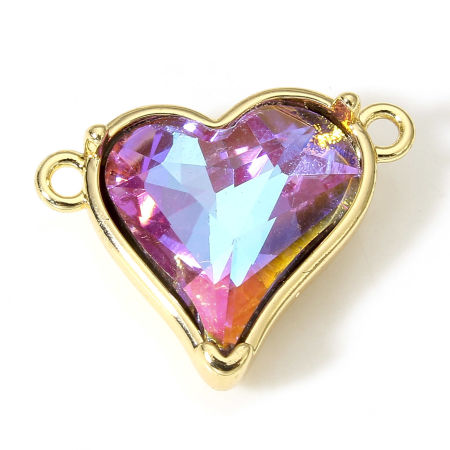 Bild von 1 Stück Messing & Kubisch Zirkonia Valentinstag Steckverbinder Charms Anhänger Herz 18K Echtgold plattiert Rosa AB Farbe 18mm x 14mm
