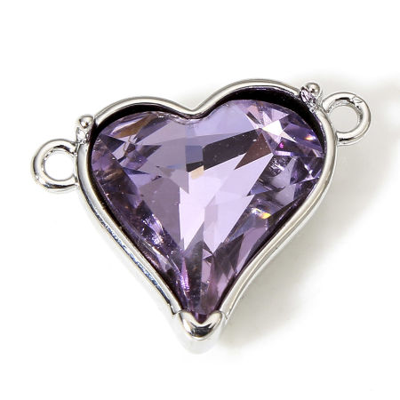 Bild von 1 Stück Messing & Kubisch Zirkonia Valentinstag Steckverbinder Charms Anhänger Herz Echt Platin plattiert Lila 18mm x 14mm