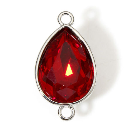 Picture of 1 Piece Brass & Cubic Zirconia Geometric Connectors Charms Pendants Drop Real Platinum Plated Red 21mm x 11.5mm