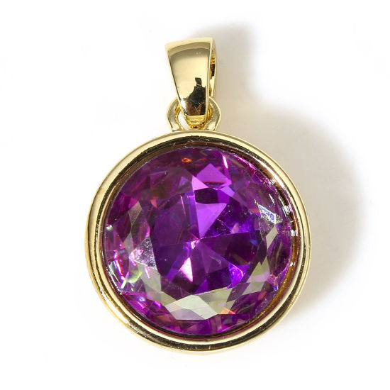 Image de 1 Pièce Pendentif Breloque Géométrique en Laiton Rond Plaqué Or Véritable 18K Violet 18mm x 12mm