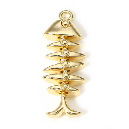 Picture of 1 Piece Brass Ocean Jewelry Charms 18K Real Gold Plated Fish Bone Movable 29mm x 10mm