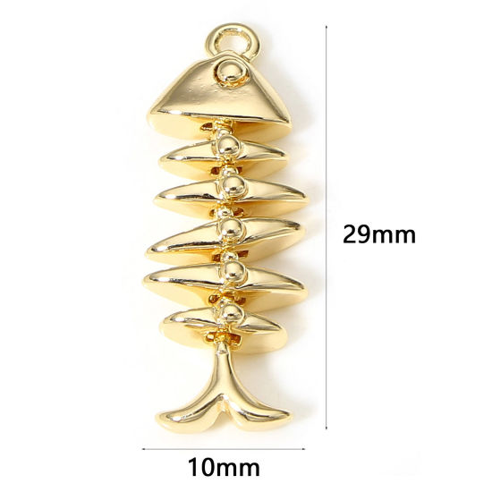 Picture of 1 Piece Brass Ocean Jewelry Charms 18K Real Gold Plated Fish Bone Movable 29mm x 10mm